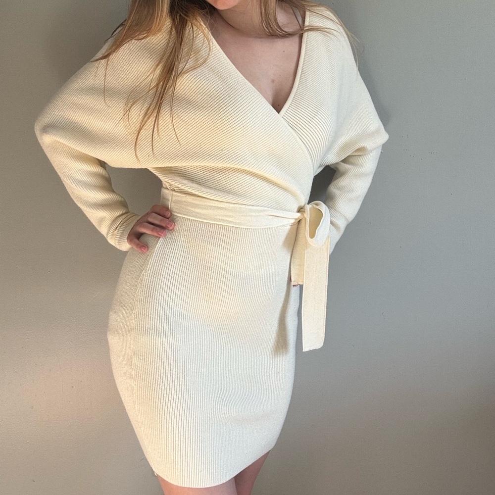 Zesica Cream Kit Wrap Front Tie Sweater Dress - Picture 4 of 8